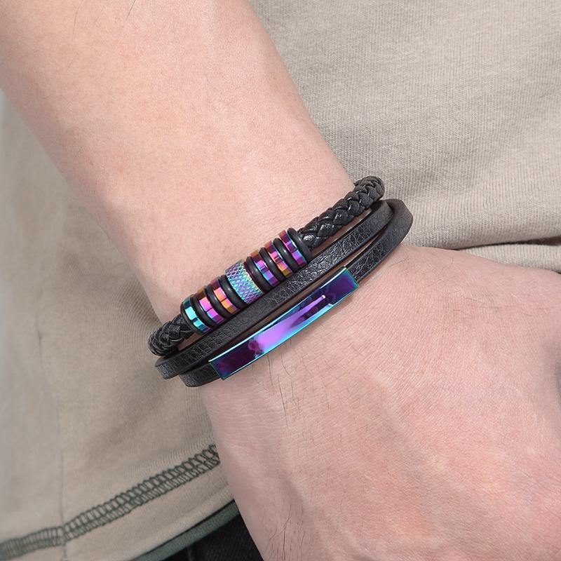 

Charm Bracelets Stainless Steel Color Retention Plating Colorful Three-Layer Genuine Leather Bracelet For Man, Golden;silver