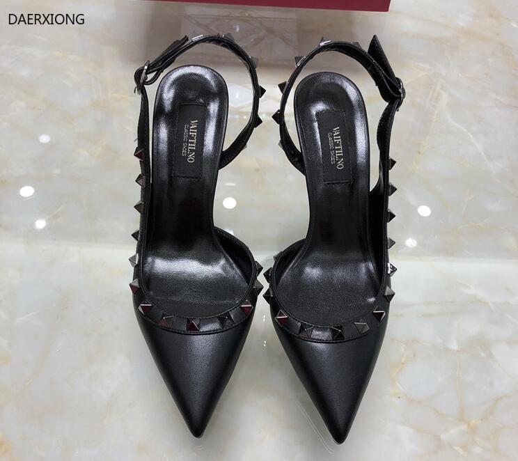 

Dress Shoes 2021 Ladies Party Rivets 8cm Heel Wedding Sandal Women Summer Sexy High Ankle Strap Sandals With Right V, Black