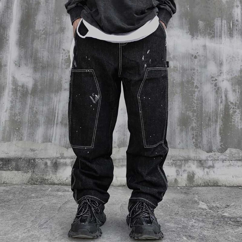 

trendy ink print patchwork jeans men causal hiphop harem denim cargo pants loose baggy jeans straight trousers retro, Blue