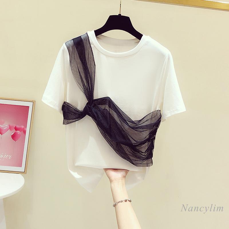 

Women' T-Shirt Cross Mesh Stitching Round Neck Short Sleeve White Female 2021 Summer Casual All-Matching Tops Tee