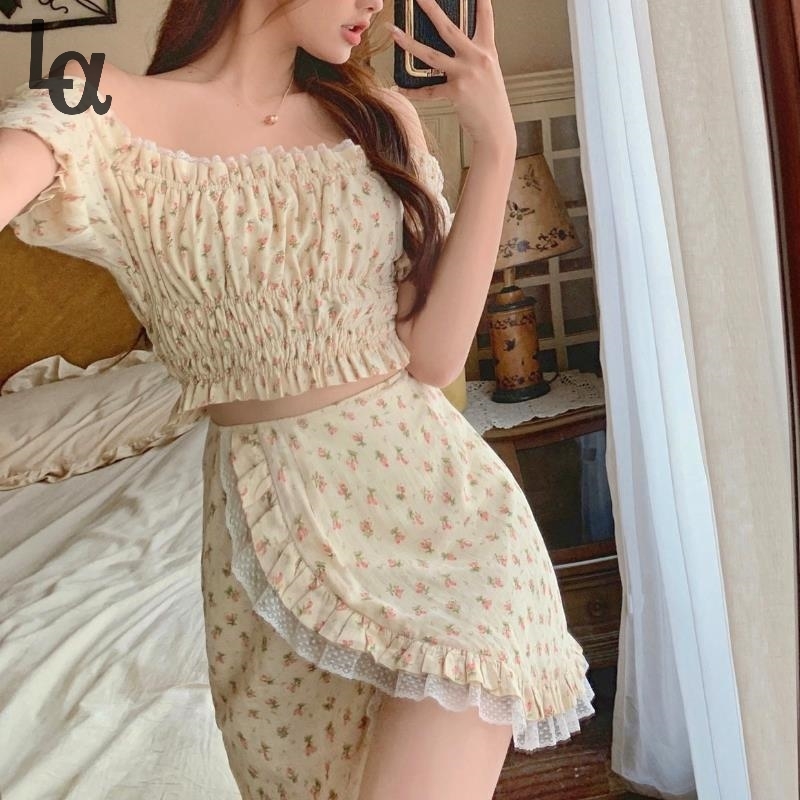 

Elegant Floral Blouse Women Korean High Street Sweet Casual Fit Chic Sexy Puff Sleeve Beach Skirt Suit Summer 210519