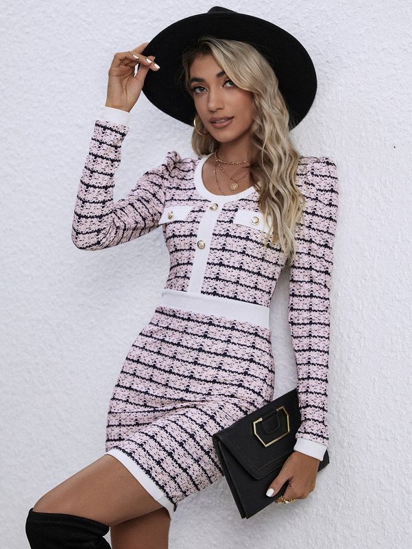 

Plaid Print Fake Button Bodycon Dress SHE, Multicolor