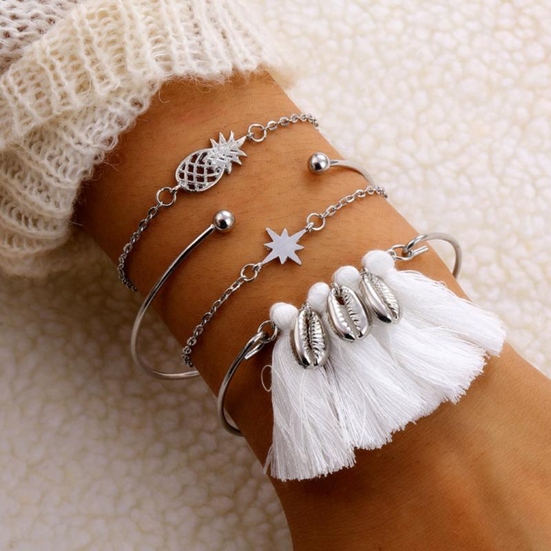 

Charm Bracelets Open Bangle Set Bohemian Pineapple Star Bracelet For Women Multilayer Shell Tassel Bangles Femme Jewelry