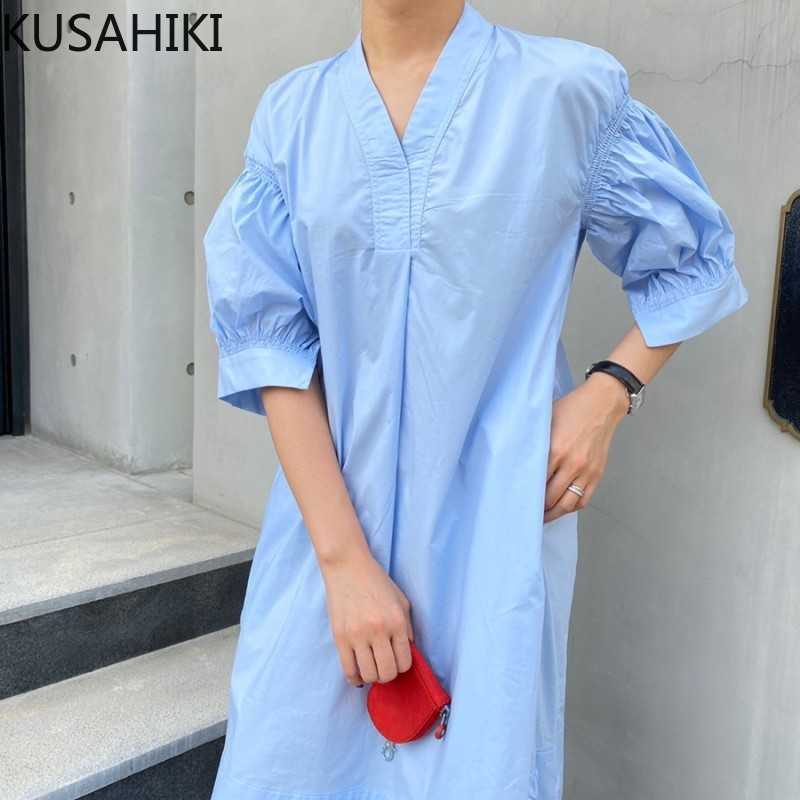 

KUSAHIKI Dresses for Women Puff Sleeve V-neck Dress Summer Korean Causal Solid A-line Split Vestidos De Mujer 6G303 210602, Pink
