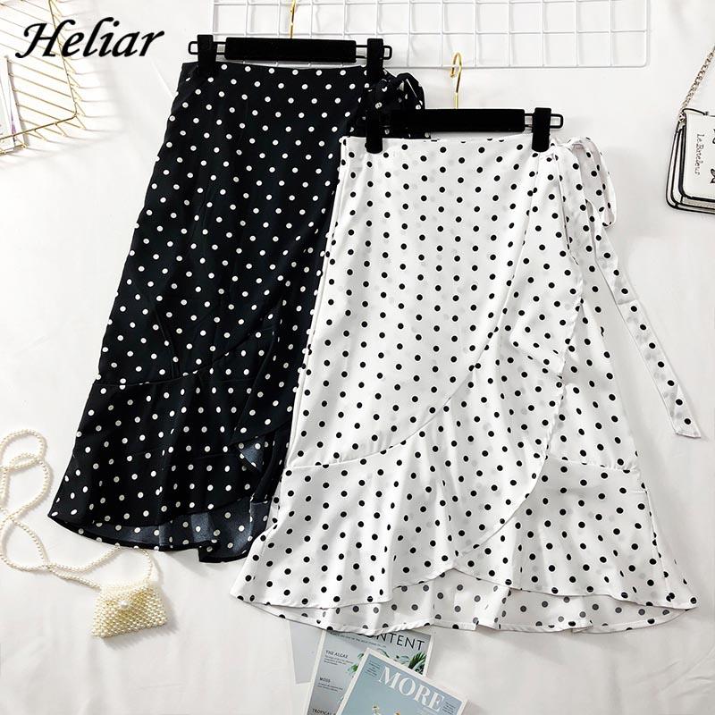 

Skirts Heliar 2021 Spring Women Midi Skirt Female Irregular High Waist Casual Plaka Dot Ruffle Pleated Lace-up, Black