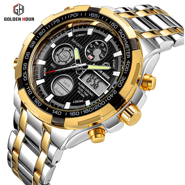 

GOLDENHOUR Fashion Top Brand Men Analog Digital Quartz Watch Mens Stainless Steel Strap Business Wristwatches Casual Male Clock 210517, Gh108 s g b