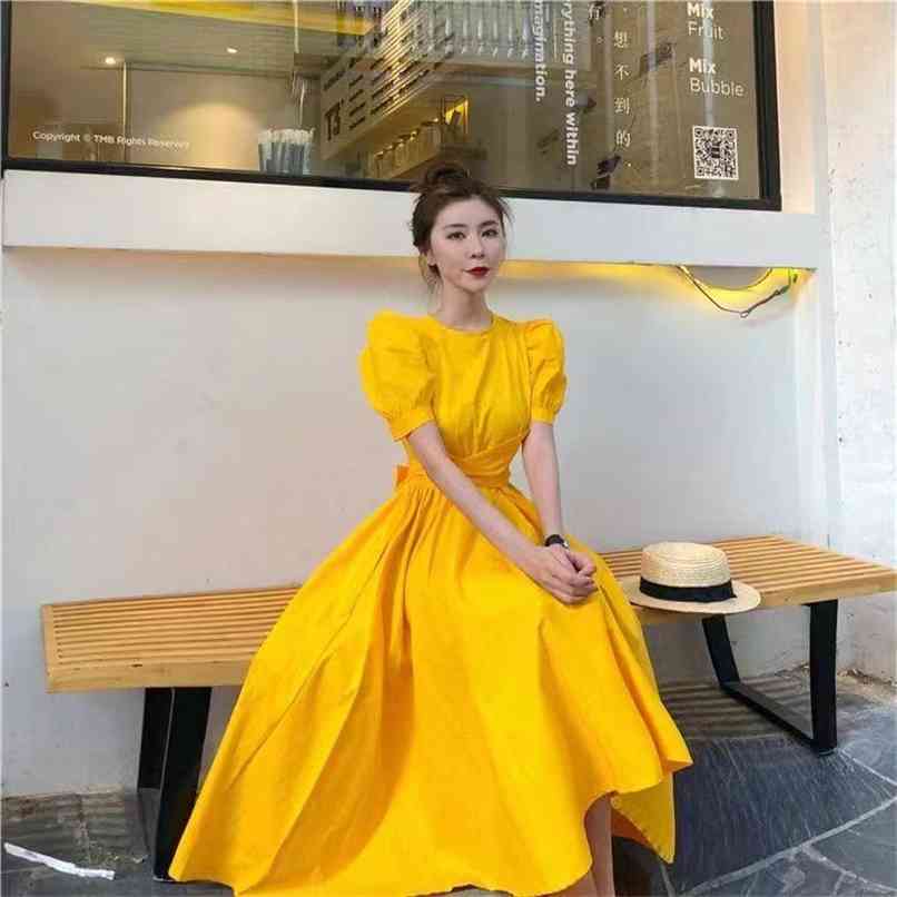

Fashion Women's Dress Summer Retro Puff Sleeve White Ladies 210520, Yellow