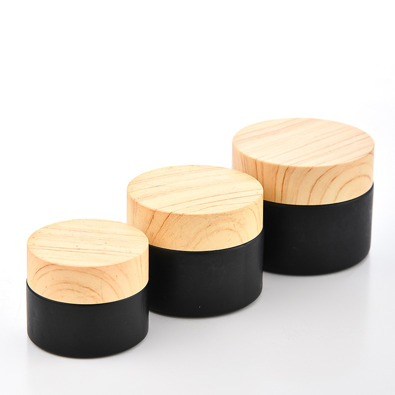 

black frosted glass bottle jars cosmetic jars with woodgrain plastic lids PP liner 5g 10g 15g 20g 30 50g lip balm cream containers 903 R2