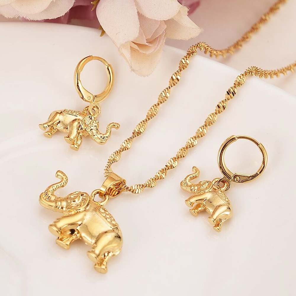 Solid fine 18K Gold cute Elephant Necklace earrings Trendy women Men Jewelry Charm Pendant Chain Animal Lucky sets-image-678650616