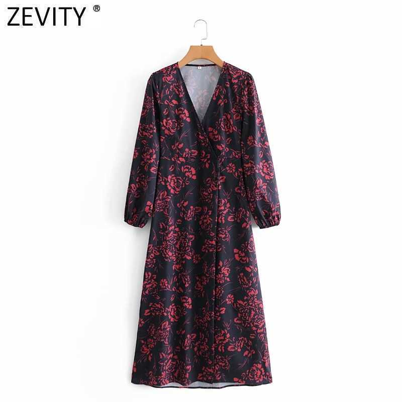 

Zevity Women Elegant Cross V Neck Floral Print Casual Midi Dress Female Long Sleeve Buttons Kimono Vestidos Party Dresses DS4798 210603, As pic ds4798aazz
