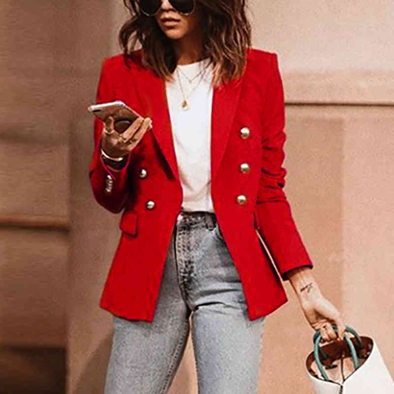 

Women's Suits & Blazers Autumn Notched Long Sleeve Double Breasted Red Female Jackets Winter Office Elegant Slim Ladies Blazer SV