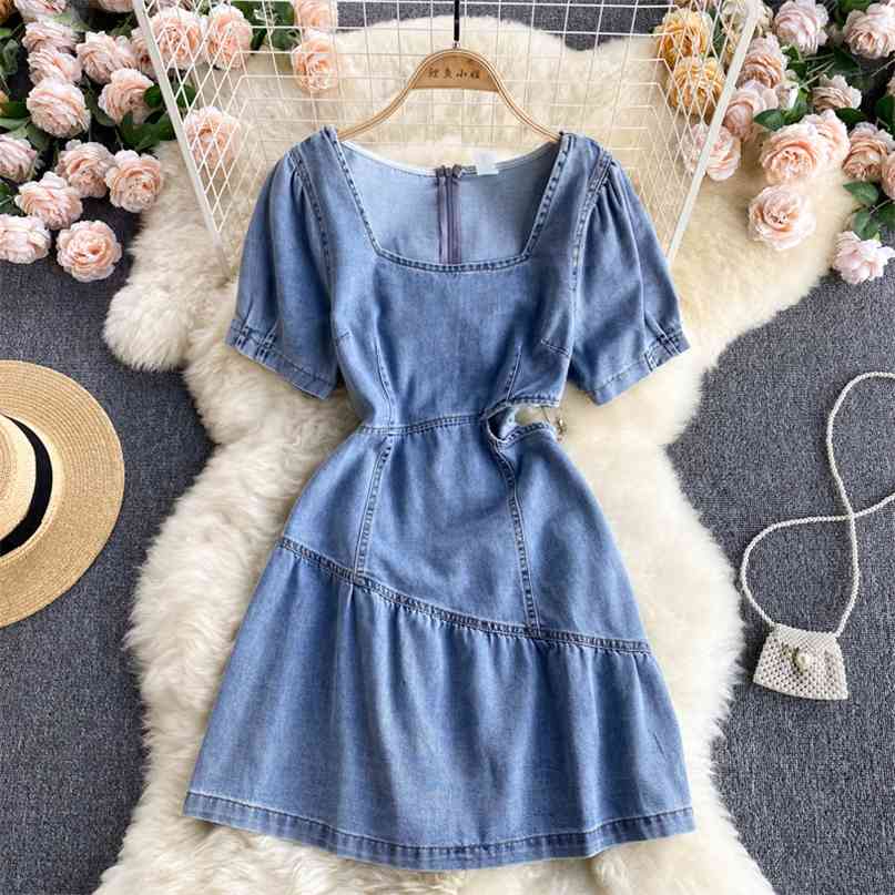

Chic Hollow Out Waist Denim Dress Women Korean Fashion Summer Short Sleeve Square Collar A-line Jeans Vestidos 210603, Blue