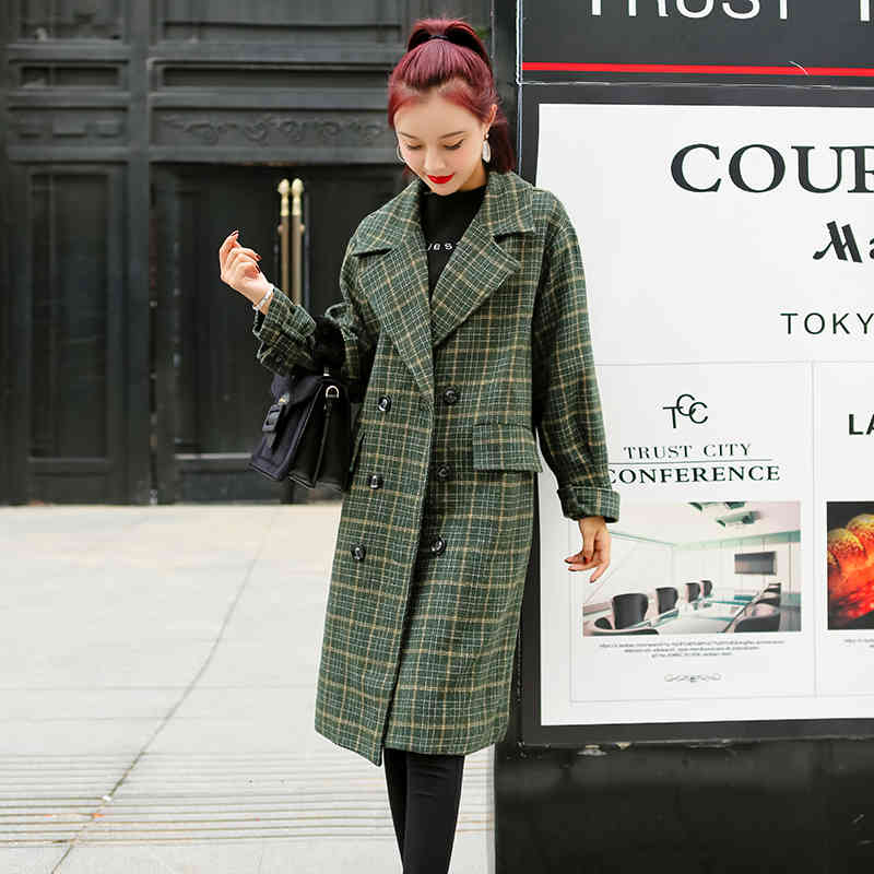 

women's trench coats winter double-breasted women's wool jacket korean version of long loose plaid large size jogj, Tan;black