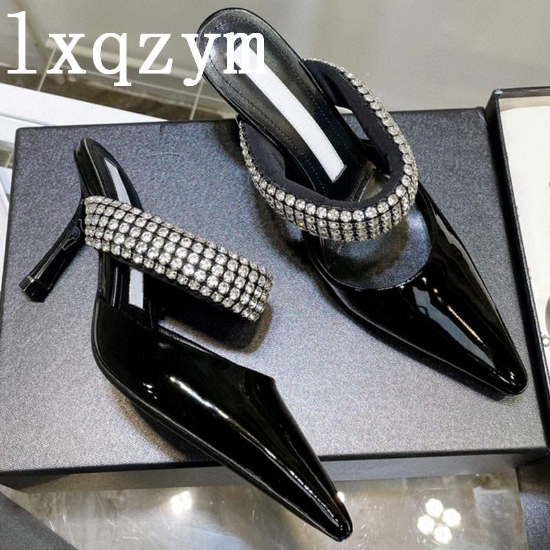 

Slippers Black High Heels Women Pointed Toe Party Crystal Shoes Woman Rhinestone Heeled Ladies Slides Zapatillas Mujer, As show