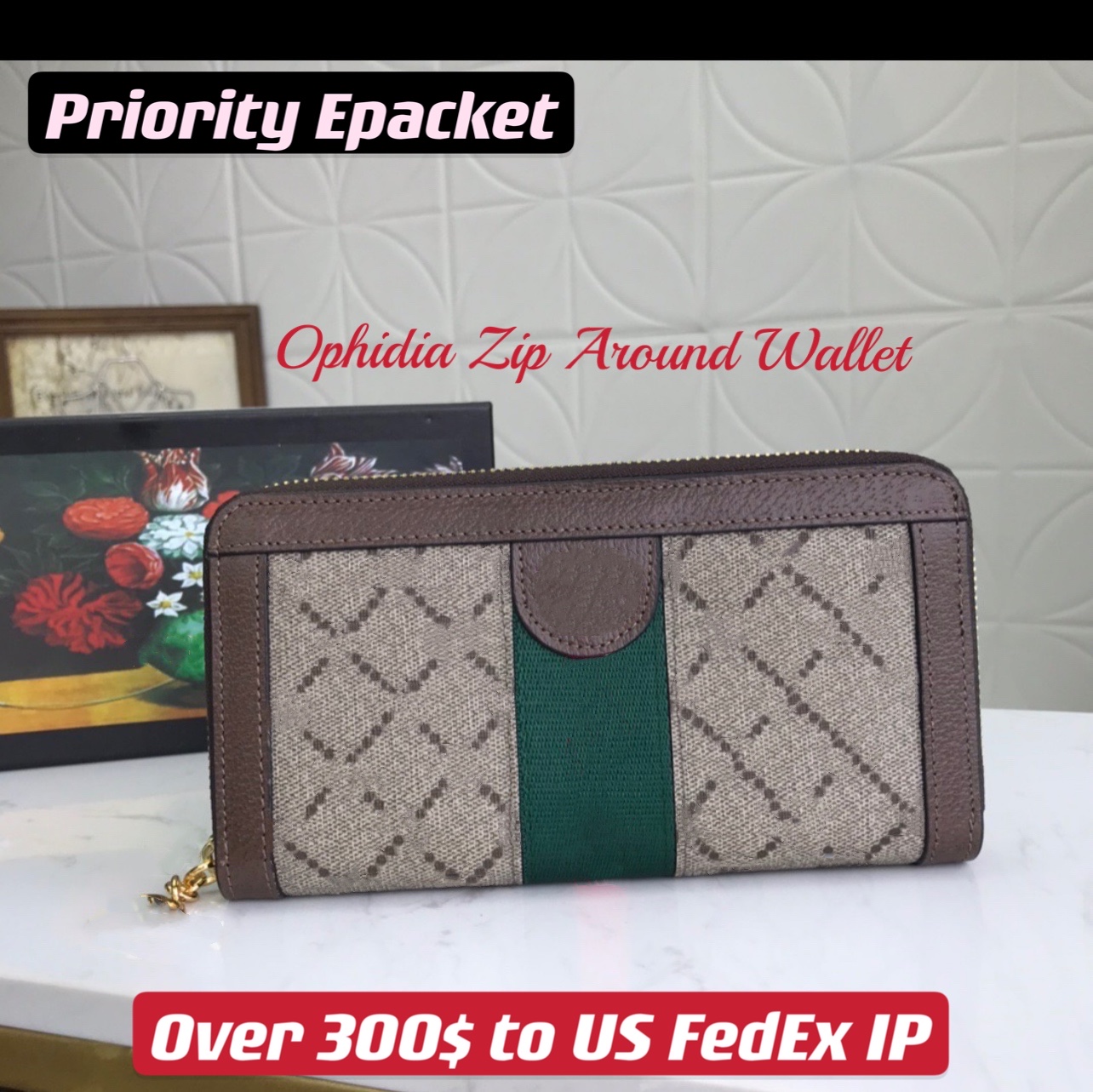

Ophidia Zip Around Wallet Vintage Women Long Zipper Green Red Web Stripe Leather Trimmed 12 Credit Card Slot 3 Note Compartment, Beige with green red web