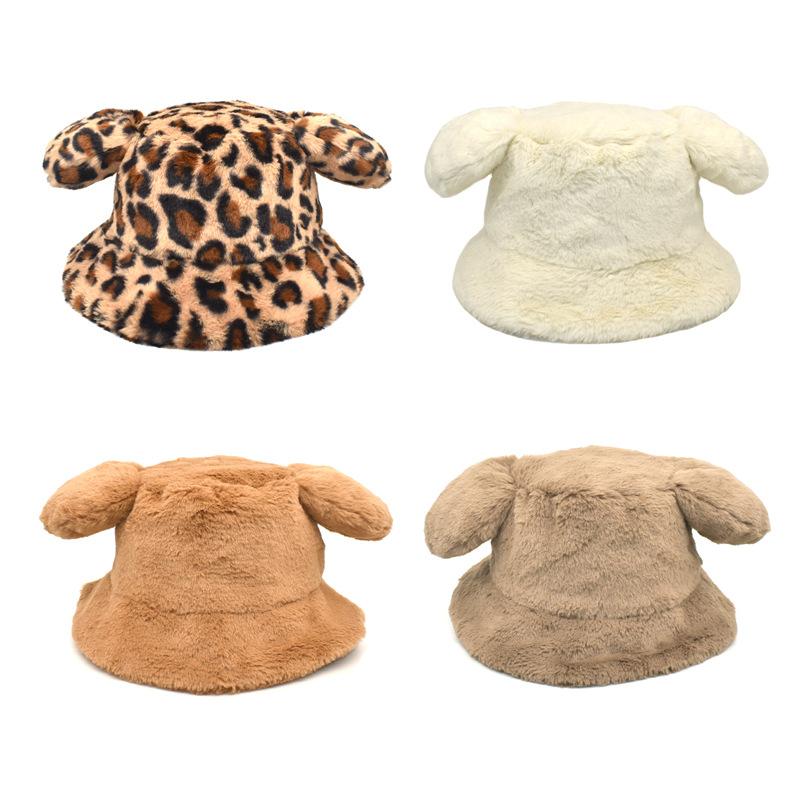 

Wide Brim Hats Girl Fashion Winter Bucket Hat Bear Ear Ball Hairy Leopard Soft Faux Fur Plush Fisherman Cap Autumn Outdoor Accessory, White