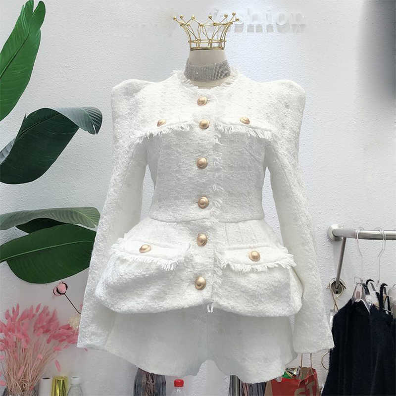 

HIGH QUALITY est Fashion Designer Runway Suit Set Women's Gold Buttons Tassel Fringed Tweed Jacket Shorts 210526, White