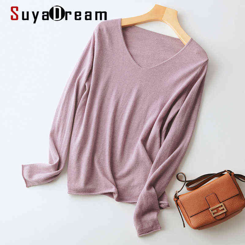 

SuyaDream Women 100%Wool Sweaters 2021 Winter V Neck Pullovers 2021 Fall Winter Bottoming Top Y1110, Black