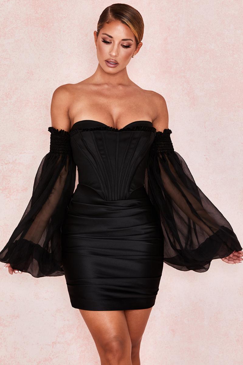 

Casual Dresses 2021 Women Black Slash Neck Off Shoulder Long Sleeve Celebrity Party Bodycon Bandage Dress Drop