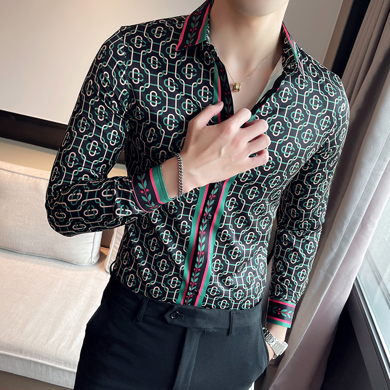 

2021 spring and autumn new non-iron personality trend Korean long-sleeved shirt trendy brand slim handsome printed shirt men, Black