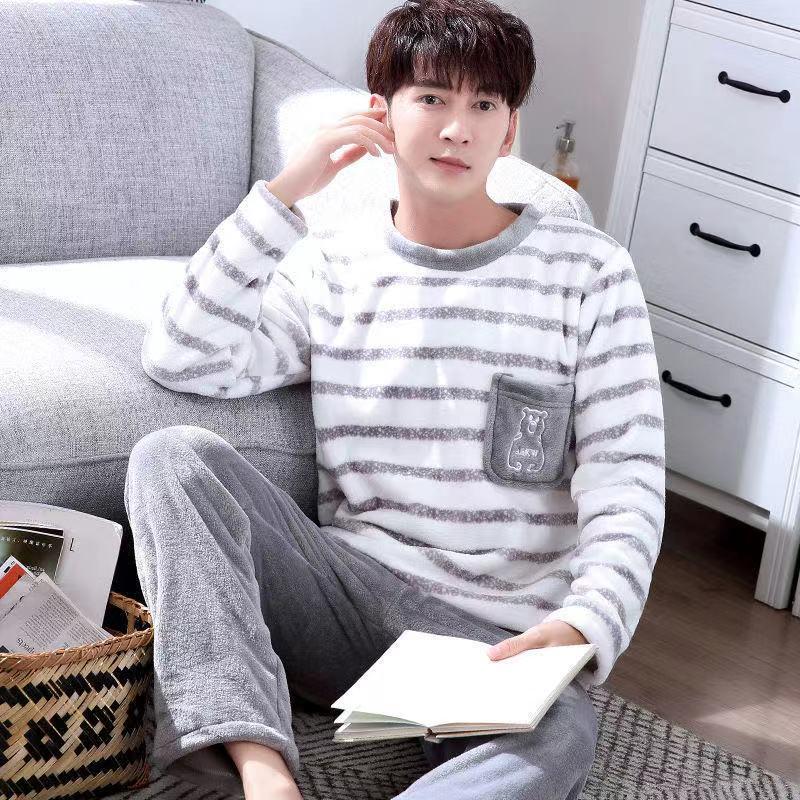 

Men's Sleepwear Winter Thick Warm Flannel Pajama Sets 2Piece/Sets Coral Velvet Round Neck Plus Size Long Sleeve Pijama Male, Color1