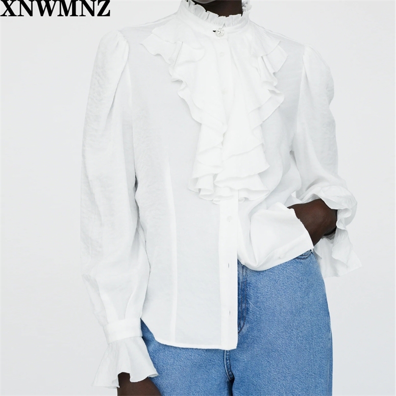 

women frilly shirt Casual elegaht Long sleeve featuring a ruffled high neck Ruffle trims on the front Button-up 210520, White