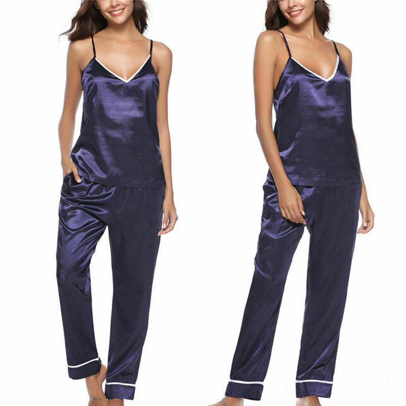 

Summer Women Ladies Silk Soft Satin Pajamas Set Sleeveless Top+Pant Sleepwear Nightwear Women' Tracksuits, Royal blue