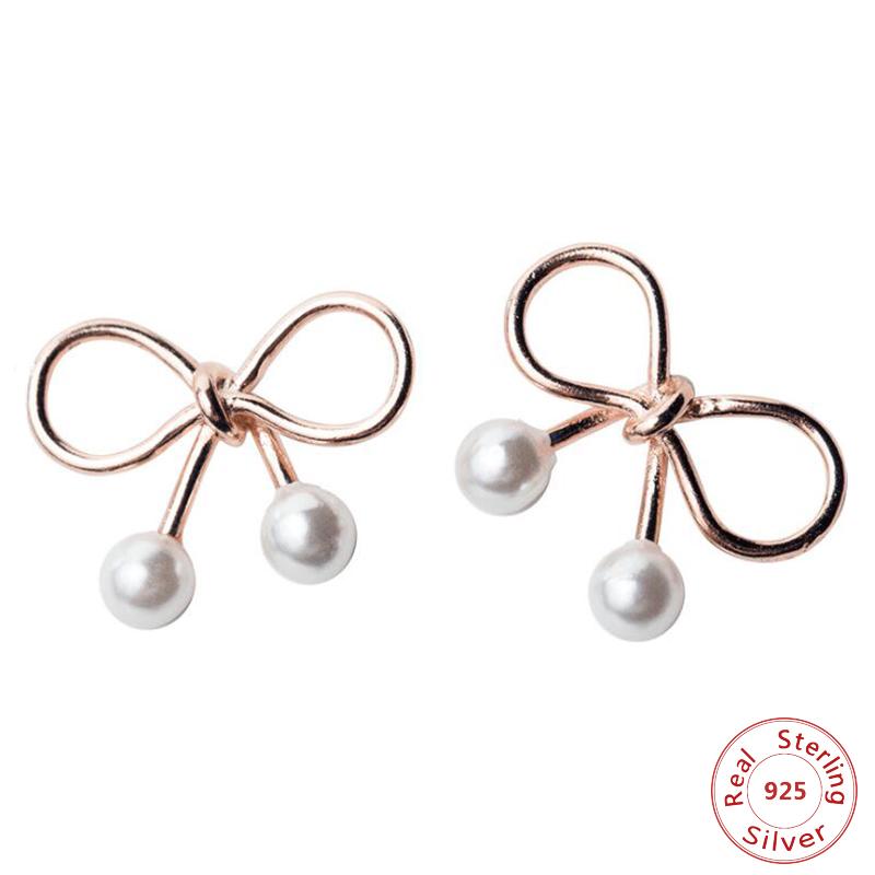 

Stud Genuine 925 Sterling Silver Lovely Bow Pearl Ear Studs Gold Gift Female Sweet Cute Style Jewelry, Golden;silver