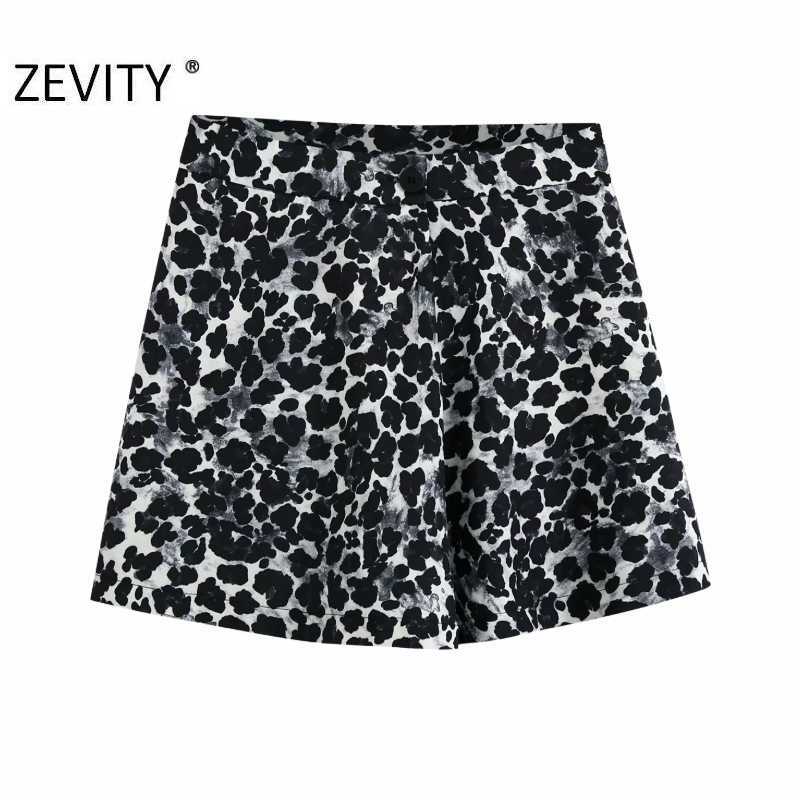 

Zevity women vintage animal texture printing casual slim Bermuda Shorts ladies buttons chic shorts pantalone cortos P916 210603, As pic p916bb