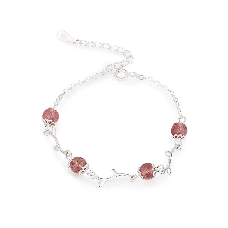 

Link, Chain Silver Plated Natural Strawberry Crystal Bracelet Ladies'Explosive Flower Branch Peach Jewelry
