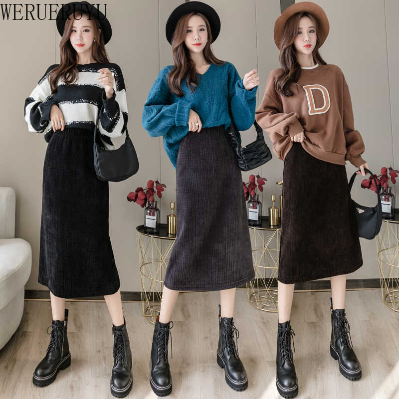 

WERUERUYU Autumn Winter Corduroy Skirt Women Vintage Midi Long Skirts Female Elastic Waist A-line Skirt 210608, Photo color