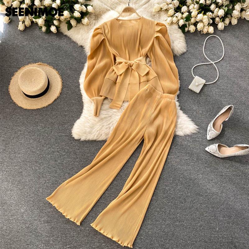 

Trendy Women Pleated Chiffon pant Sets Chic Lantern Sleeves Top and Wide Leg Pants One Set, Black