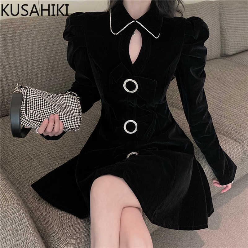 

KUSAHIKI Korean Velour Women Dress Puff Sleeve Turn-down Collar Dresses Sweet Bowknto Hollow-out Vestidos Femme 6E531 210602, Red