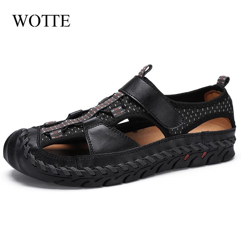 

Sandals Summer Men's Genuine Leather Outdoor Handmade Men Slippers Shoes Beach Breathable Casual, Black