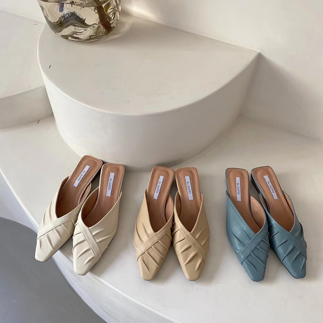 

Slippers Casual Women Small Square Toe Slip On Thick Low Heeled Flats Summer Slides Solid Color Fashion Sandals 7XG6, Beige