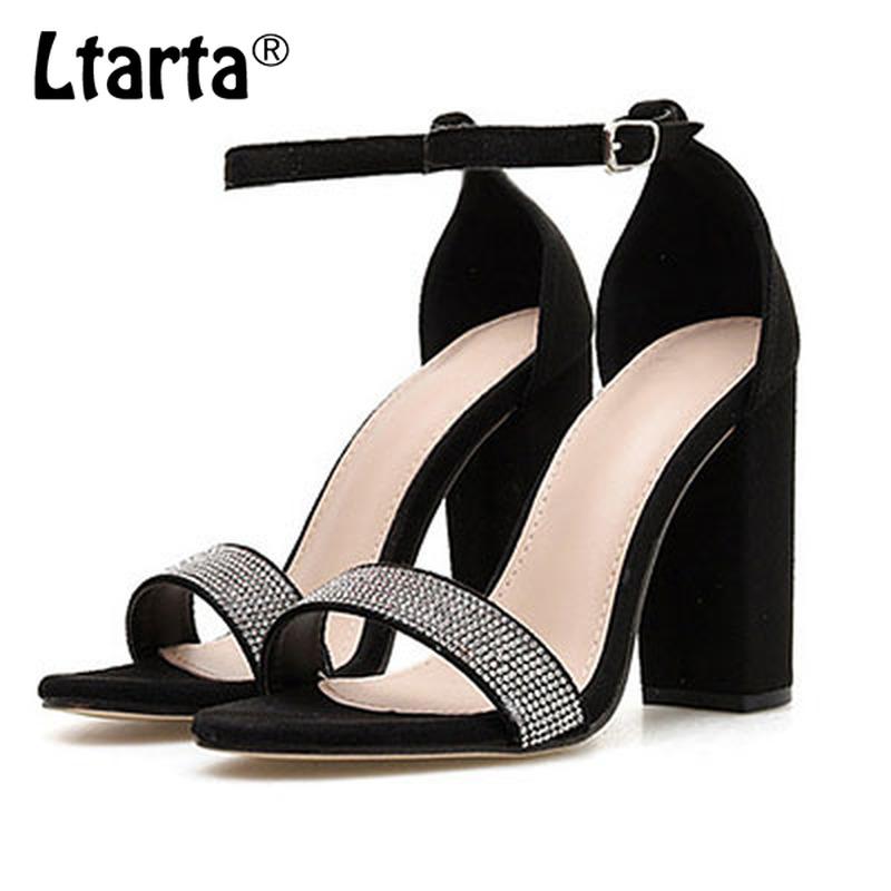 

Sandals LTARTA 2021 Summer Word Buckle Women's Shoes Thick Heel High Rhinestone Banquet Large Size ZL, Black