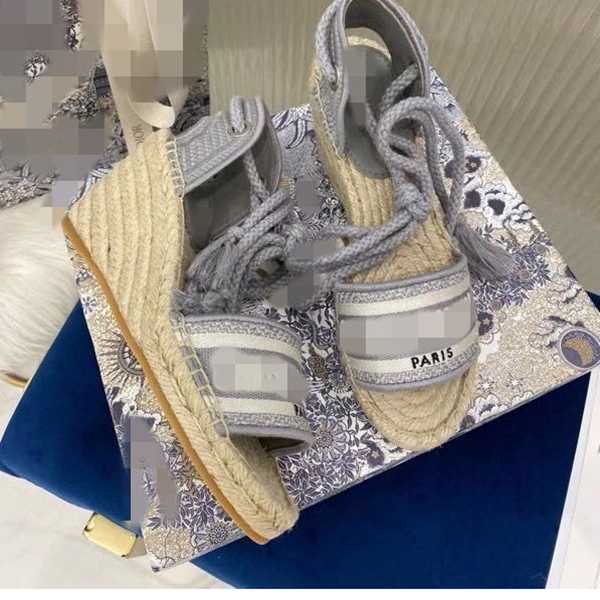 

Fashion designer style ladies canvas thick bottom straw fisherman weave wedge summer beach embroidery strap high heel hm001