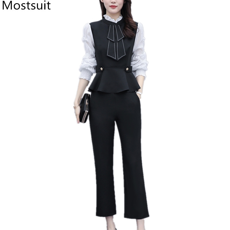 

Office Workwear Two Piece Sets Outfits Women Lantern Sleeve Patchwork Tunics Tops + Straight Pants Suits Fashion Korean Set 210518, Black