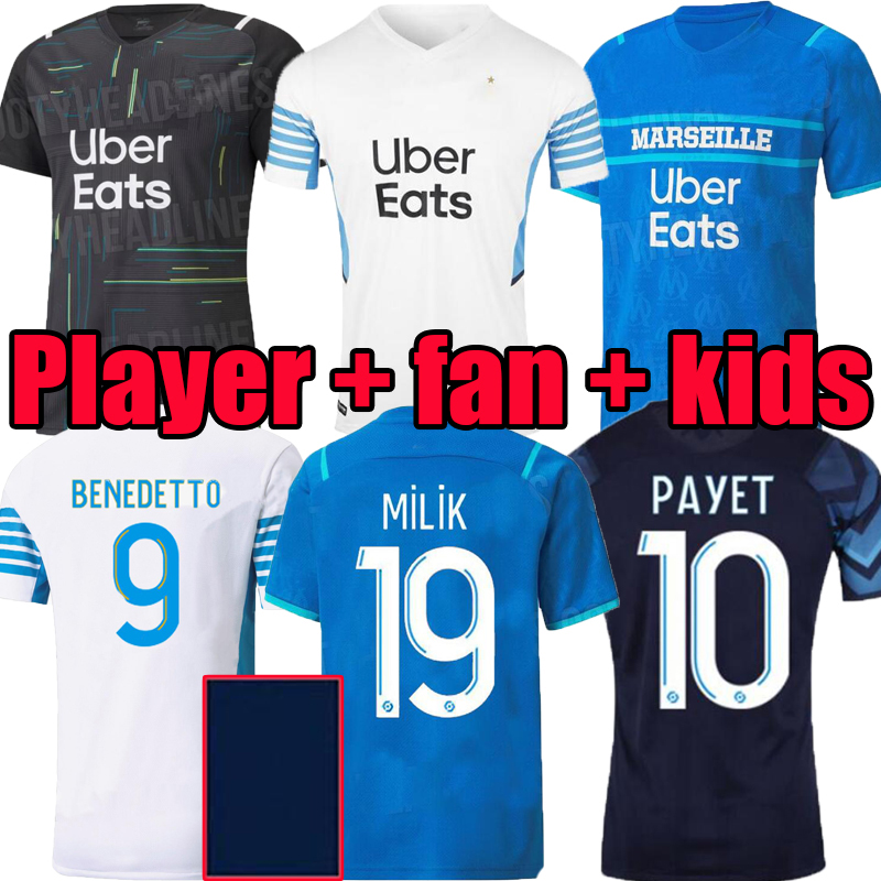 

Player Fan version 21 22 Marseille home soccer jersey Olympique De OM maillot foot MANDANDA Goalkeeper kids THAUVIN BENEDETTO KAMARA PAYET third football shirt, 2021;home