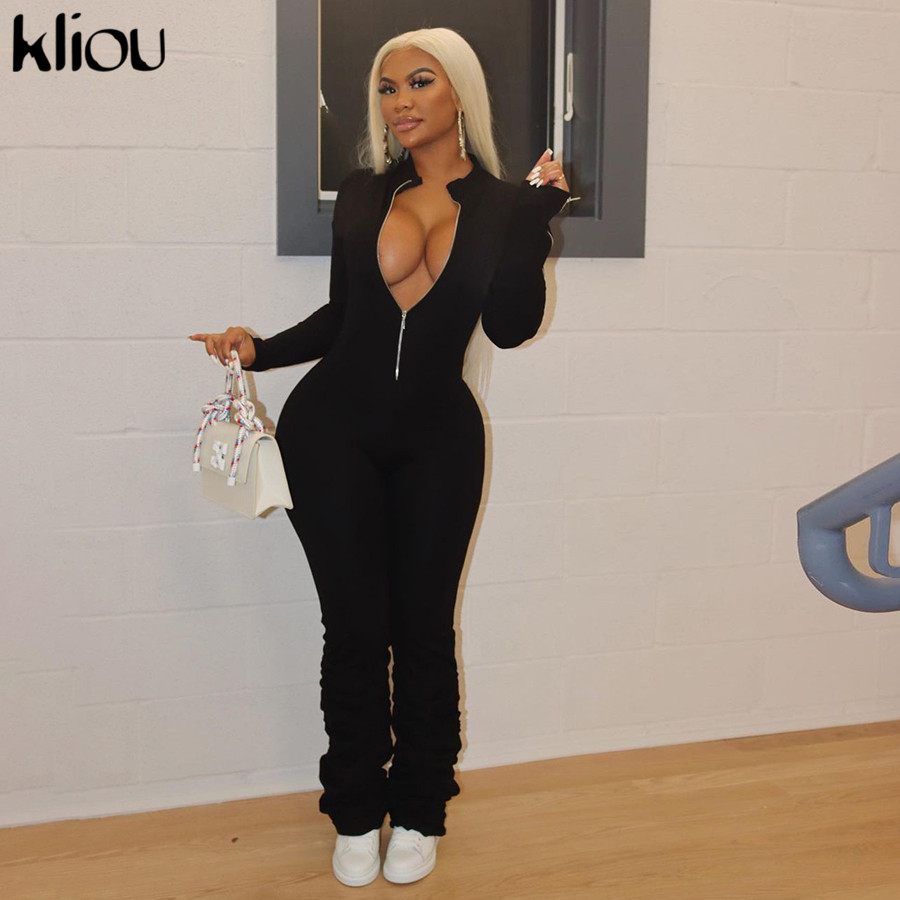 

Kliou Stacked Solid Stretchy Bodycon Jumpsuits Women 2021 Fall Turtleneck Slim Solid Streetwear Active Casual Work Out Rompers, Black