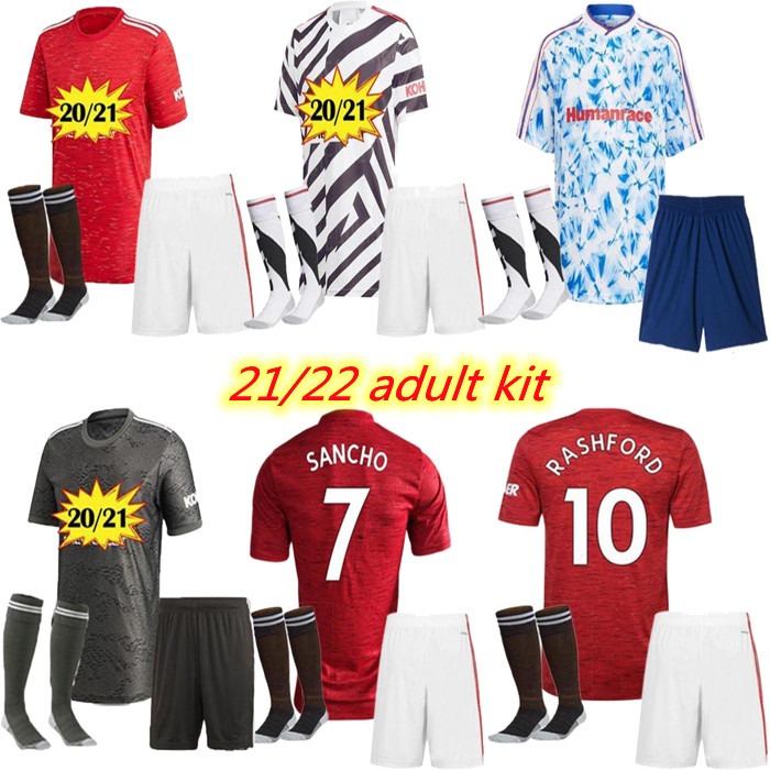 

Adult kit 2021 2022 Manchester soccer jerseys home and away Shorts Socks Full Uniform Set VAN DE BEEK Cavani Bruno FERNANDES RASHFOR Greenwood UTD Football Shirts, Blue