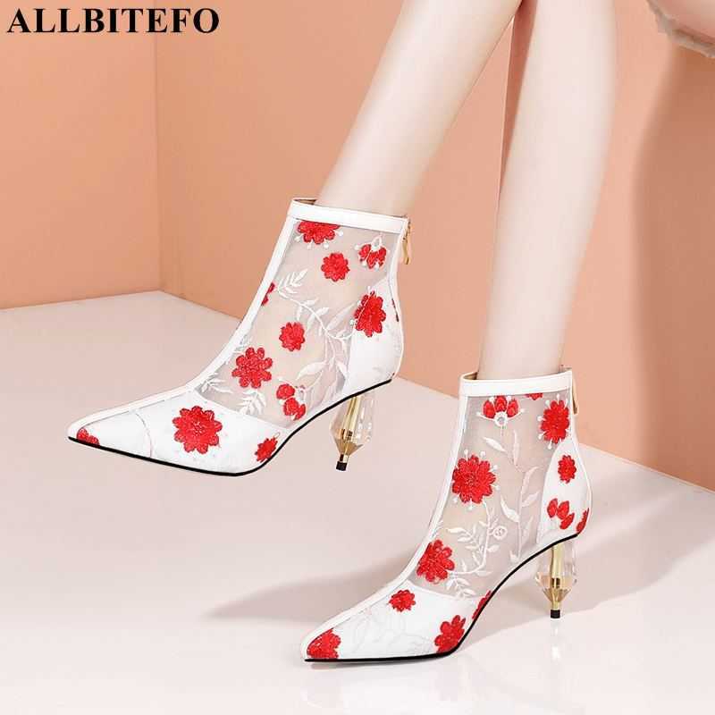 

ALLBITEFO Breathable cool mesh + genuine leather high heels Transparent heel summer fashion women heels shoes high heel shoes 210611, As picture