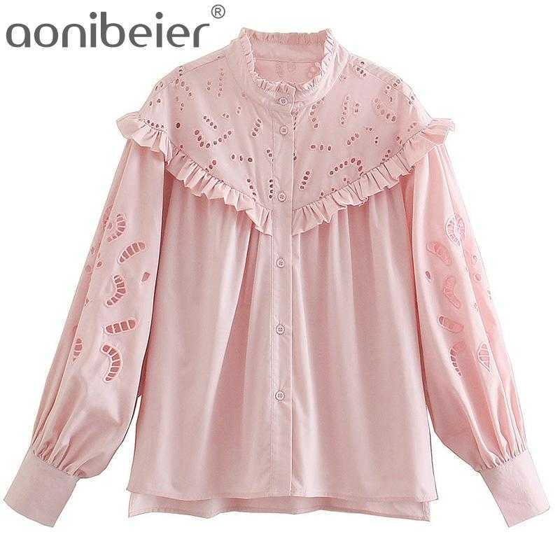 

Summer Women Hollow Embroidery Side Slit Pink Blouse Female Long Sleeve Shirt Casual Lady Loose Tops Blusas 210604