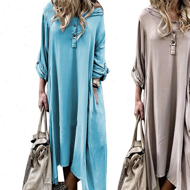

dress womens dresses casual women solid color 3 4 sleeve loose kaftan hooded asymmetric ankle length maxi buttons design, Black;gray