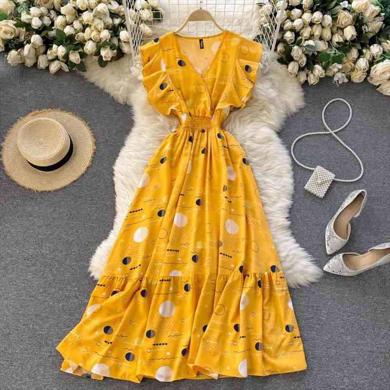 

summer women dress vintage fashion print v-neck ruffled sleeveless high waist thin and large swing dress ladies, Black;gray