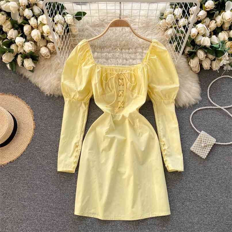 

French Style Long Puff Sleeve Spring Dress Retro Women Solid Lace-up Square Collar High Street Chic Mini Vestidos 210603, Yellow