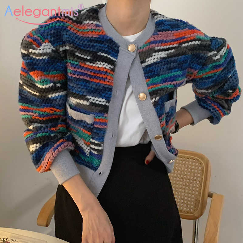 

Aelegantmis Korea Color Block Tie Dye Cropped Knitted Cardigan Women Vintage Cozy Soft Sweaters Coat Casual Jumpers Chic Short 210607, As shown