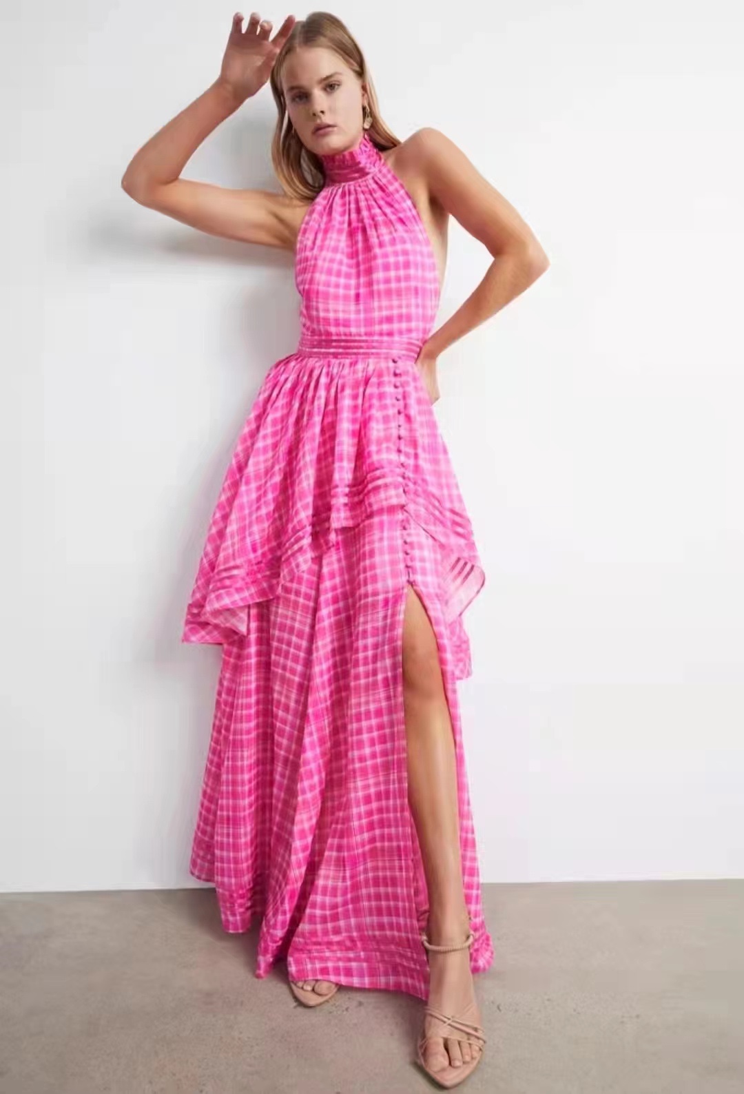 

Plaid hanging neck sleeveless waist closing breasted split dress, Customize