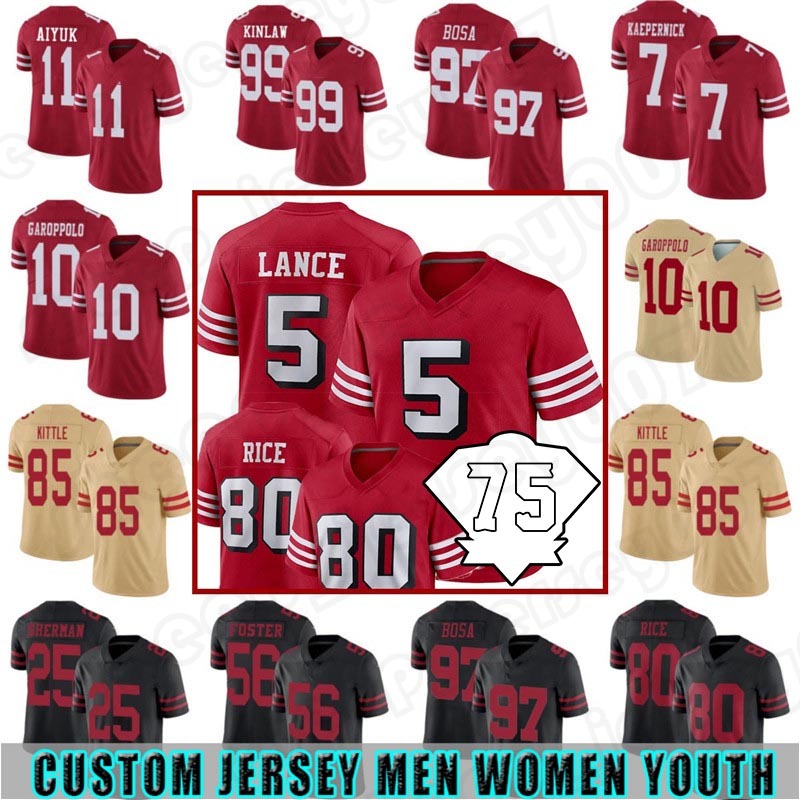 

San 5 Trey Lance 85 George Kittle jersey Franciscos Nick Bosa Talanoa Hufanga Football Deebo Samuel Fred Warner 49er Jimmy Garoppolo Brandon Aiyuk Kyle Juszczyk Rice, Custom women +patch(49ren)