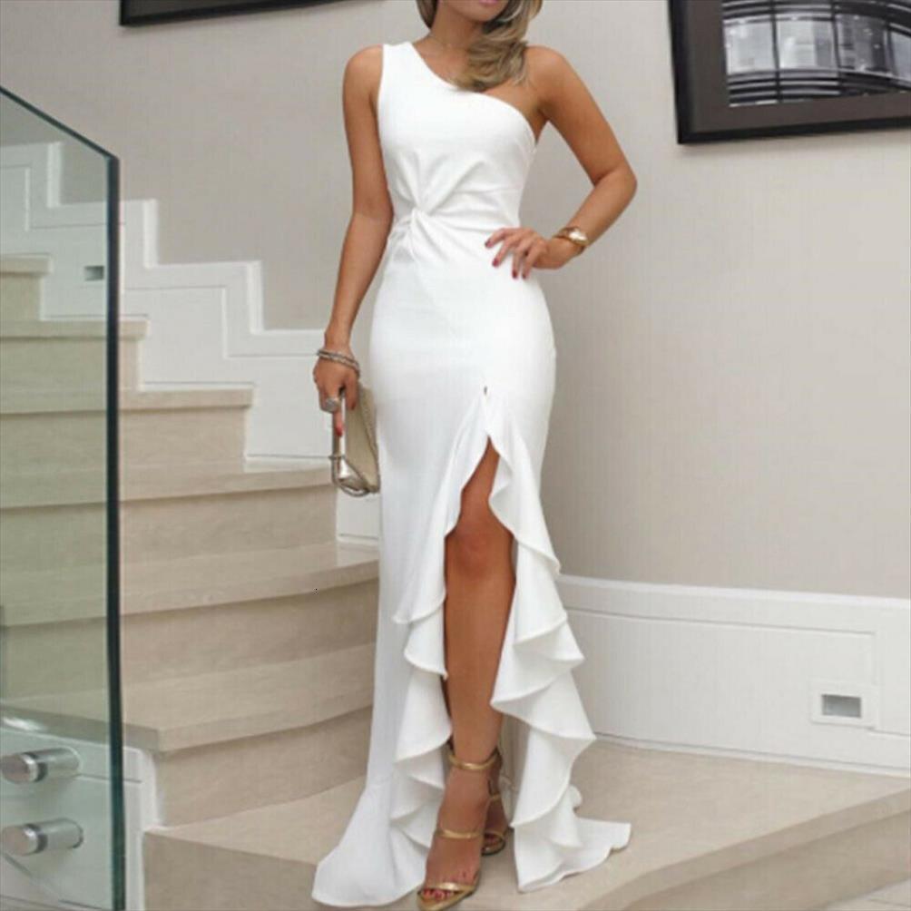 

high split maxi women dress one shoulder ruffles long wedding elegant off evening party, Black;gray